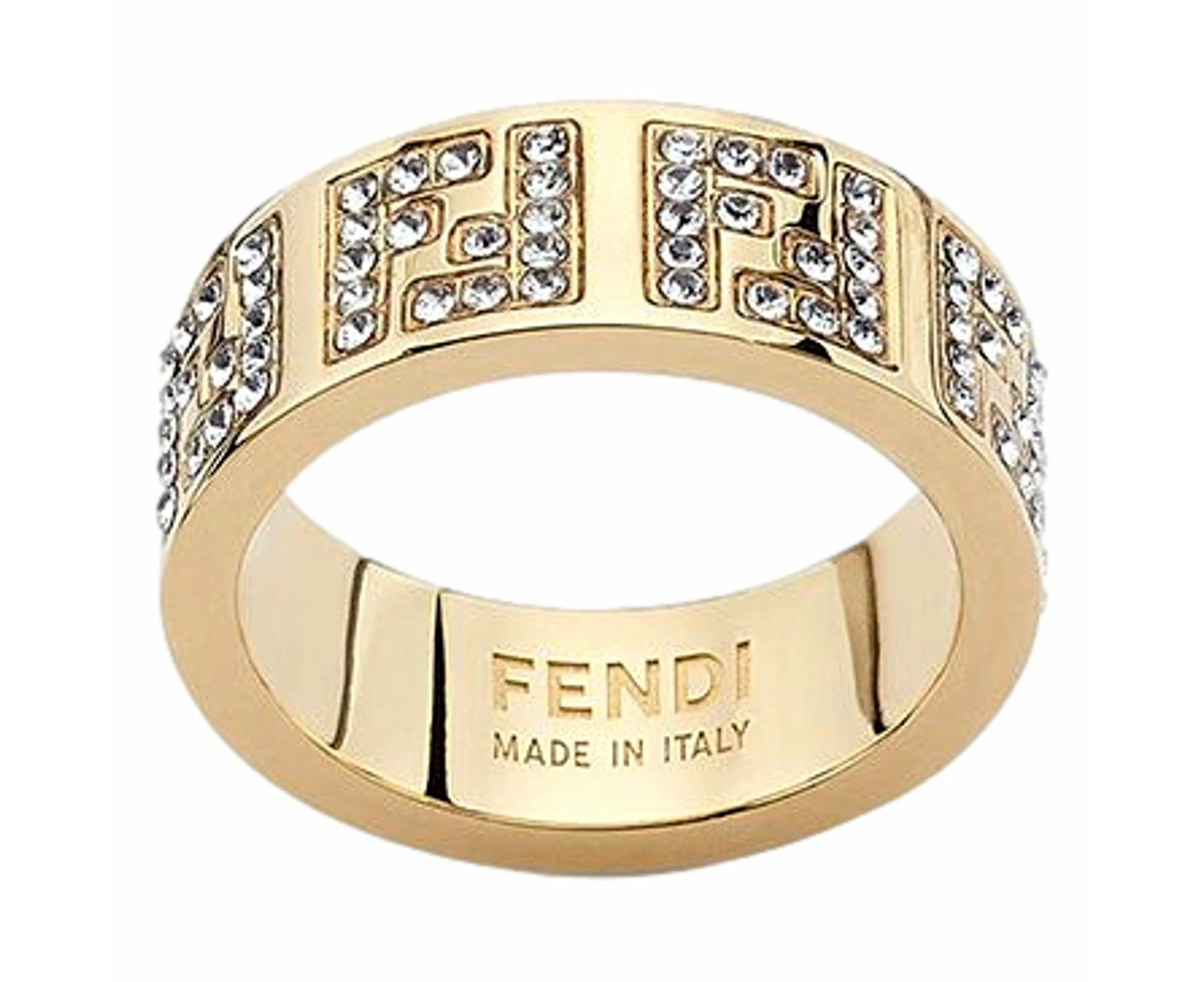 Fendi FF Crystal Embellished Wide Band Gold Ring Small