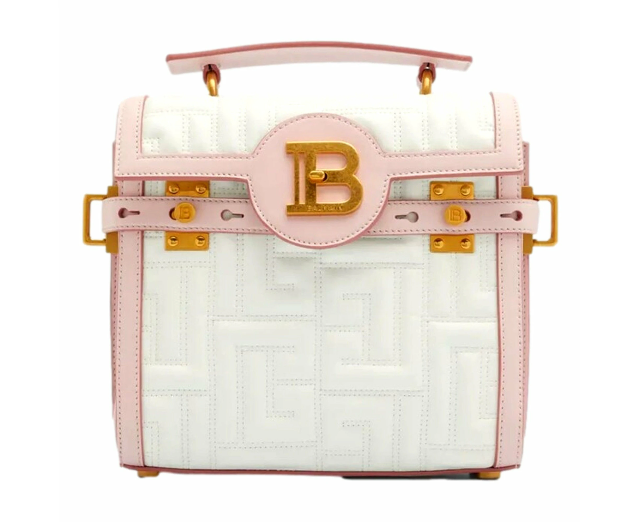 Balmain B-Buzz 23 Pink White Tote Crossbody Shoulder Bag Quilted Leather