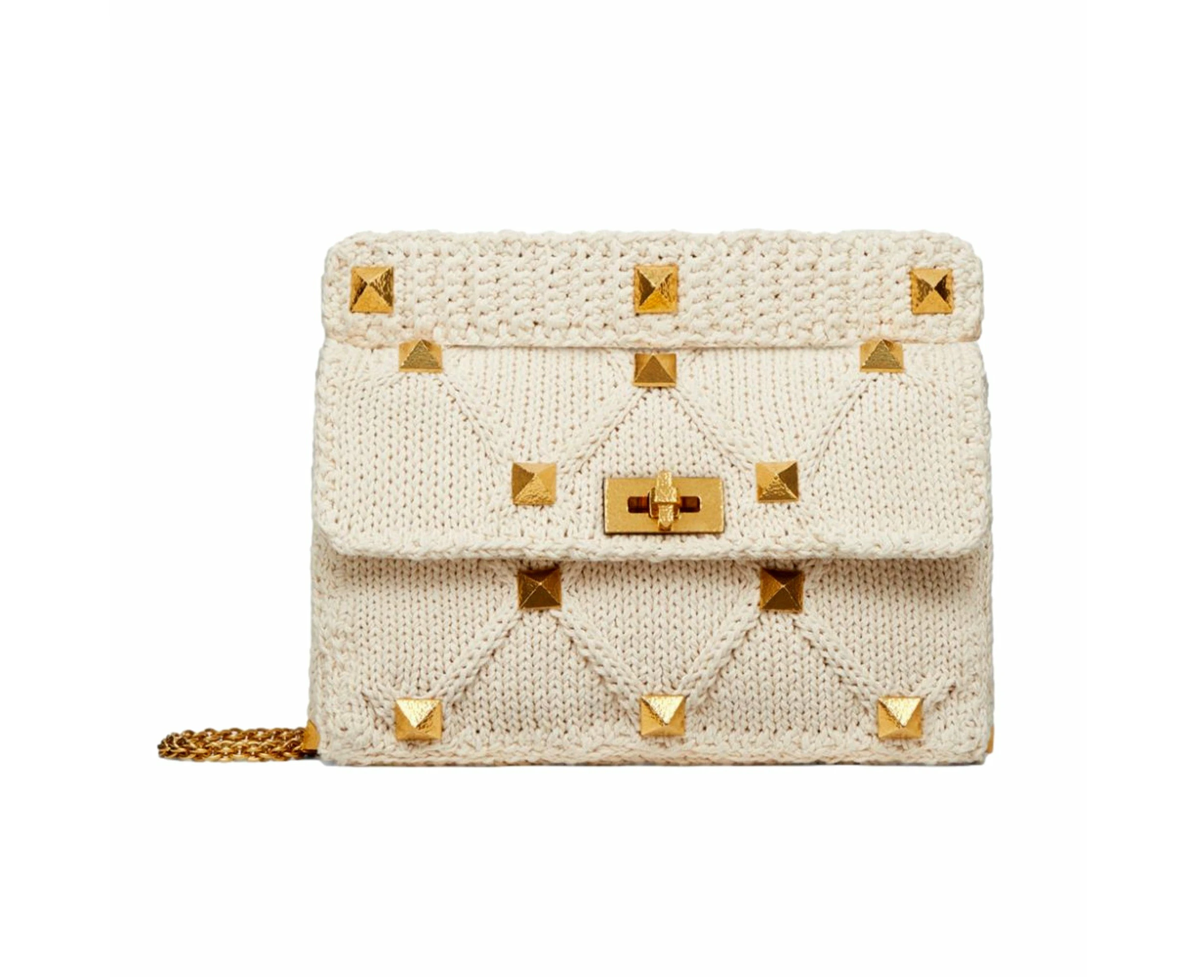 Valentino Garavani Roman Stud Large Shoulder Bag Ivory Knit Cashmere