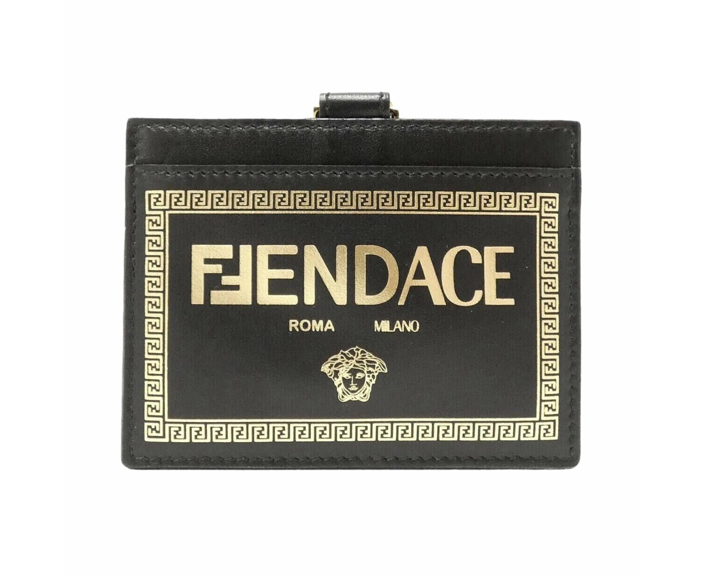 Fendi Fendace Black Leather Card Case Wallet Lanyard