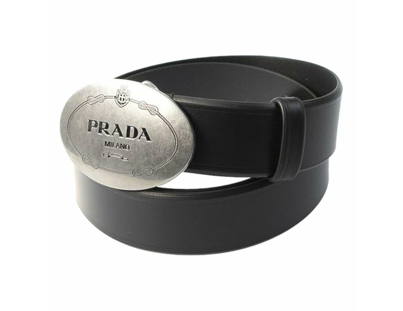 Prada Mens Navy Blue Saffiano Leather Belt Brushed Silver Buckle 105/42