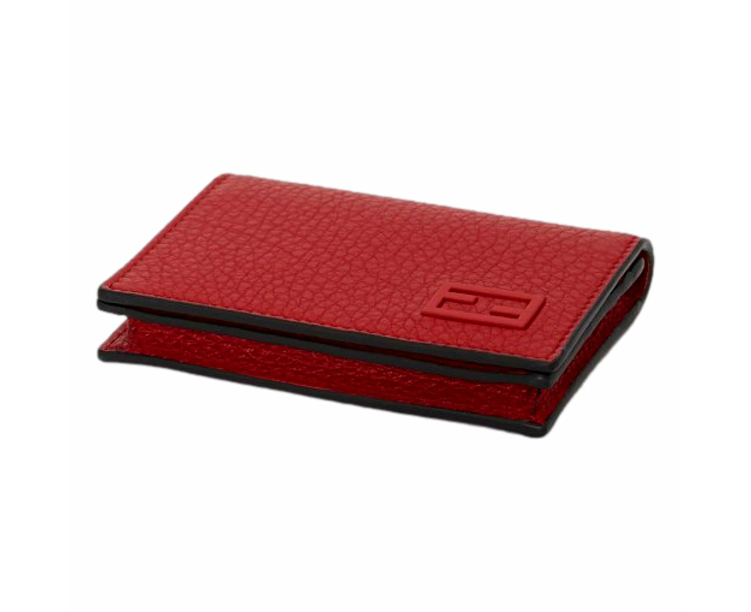 Fendi Red Grained Leather Baguette Logo Card Case Wallet