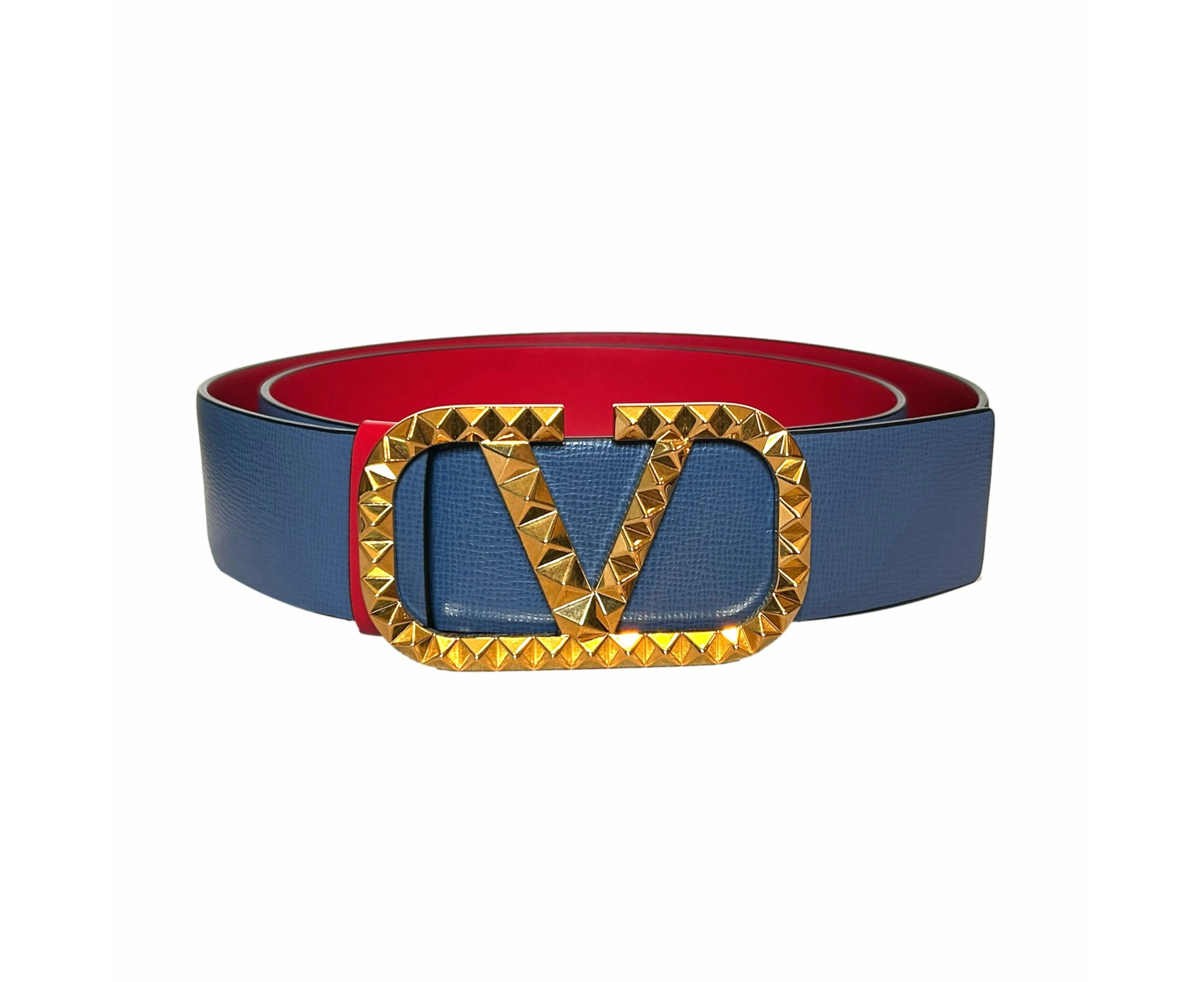 Valentino Garavani VLogo Stud Reversible Belt Size 95 Gray Red Leather