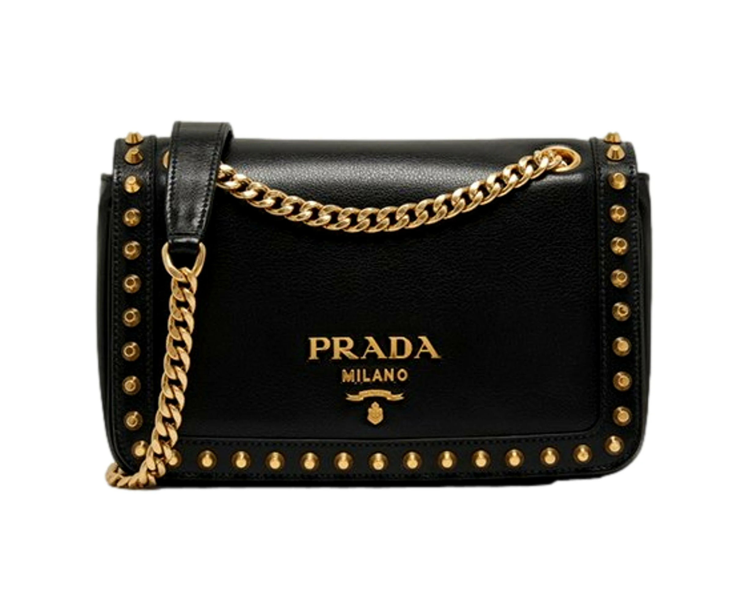 Prada Pattina Black Calf Leather Studded Flap Chain Crossbody Bag