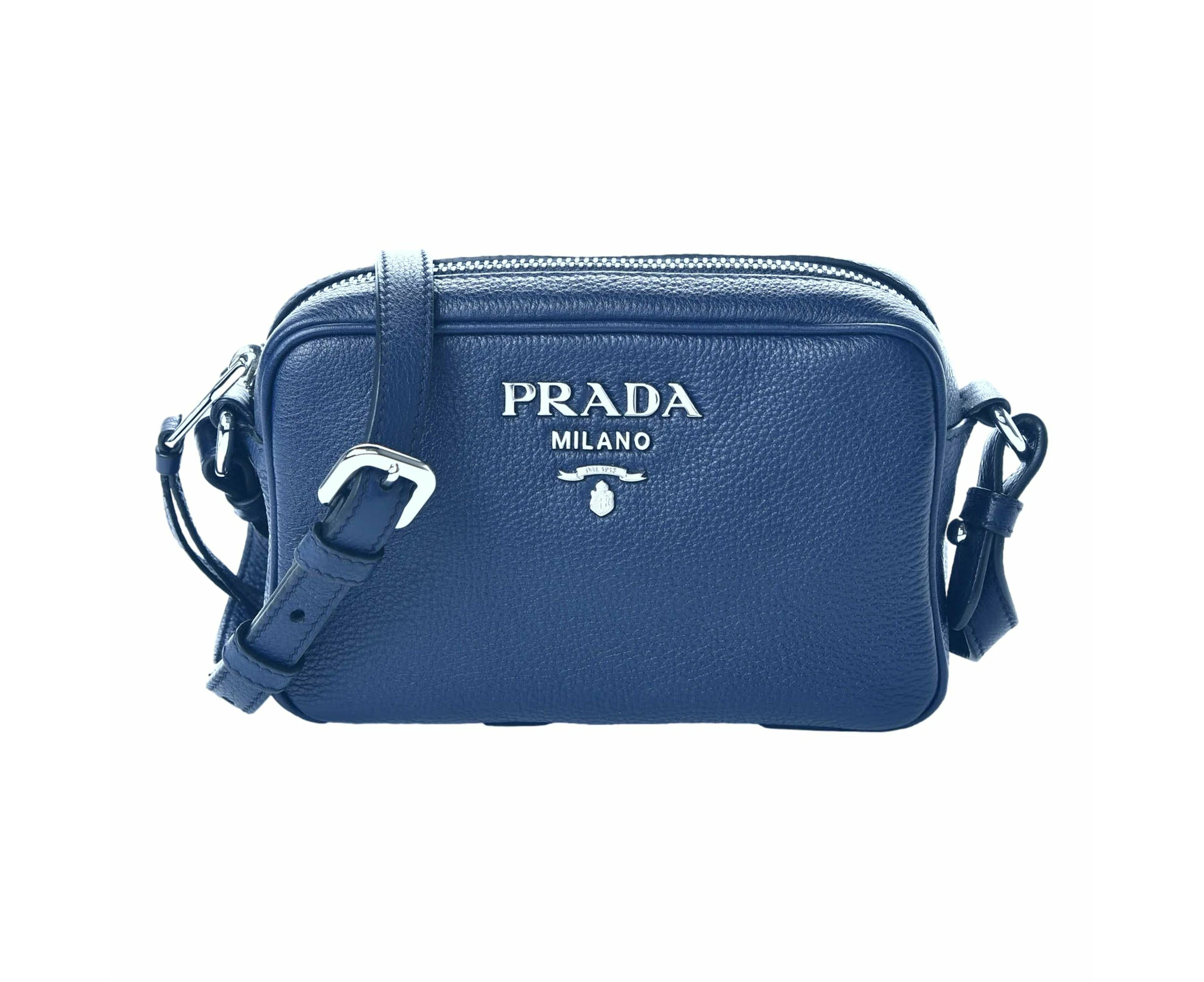 Prada Vitello Phenix Blue Leather Silver Logo Small Camera Crossbody Bag