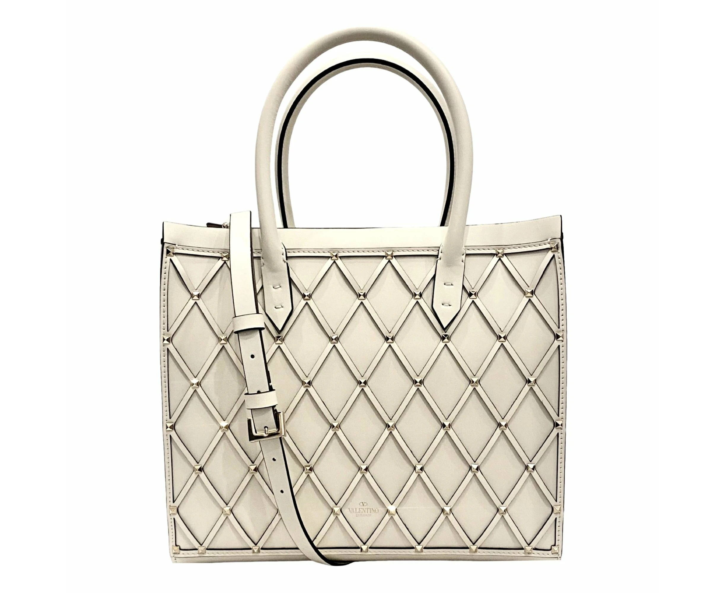 Valentino Garavani Beehive Lattice Ivory Studded Leather Crossbody Tote