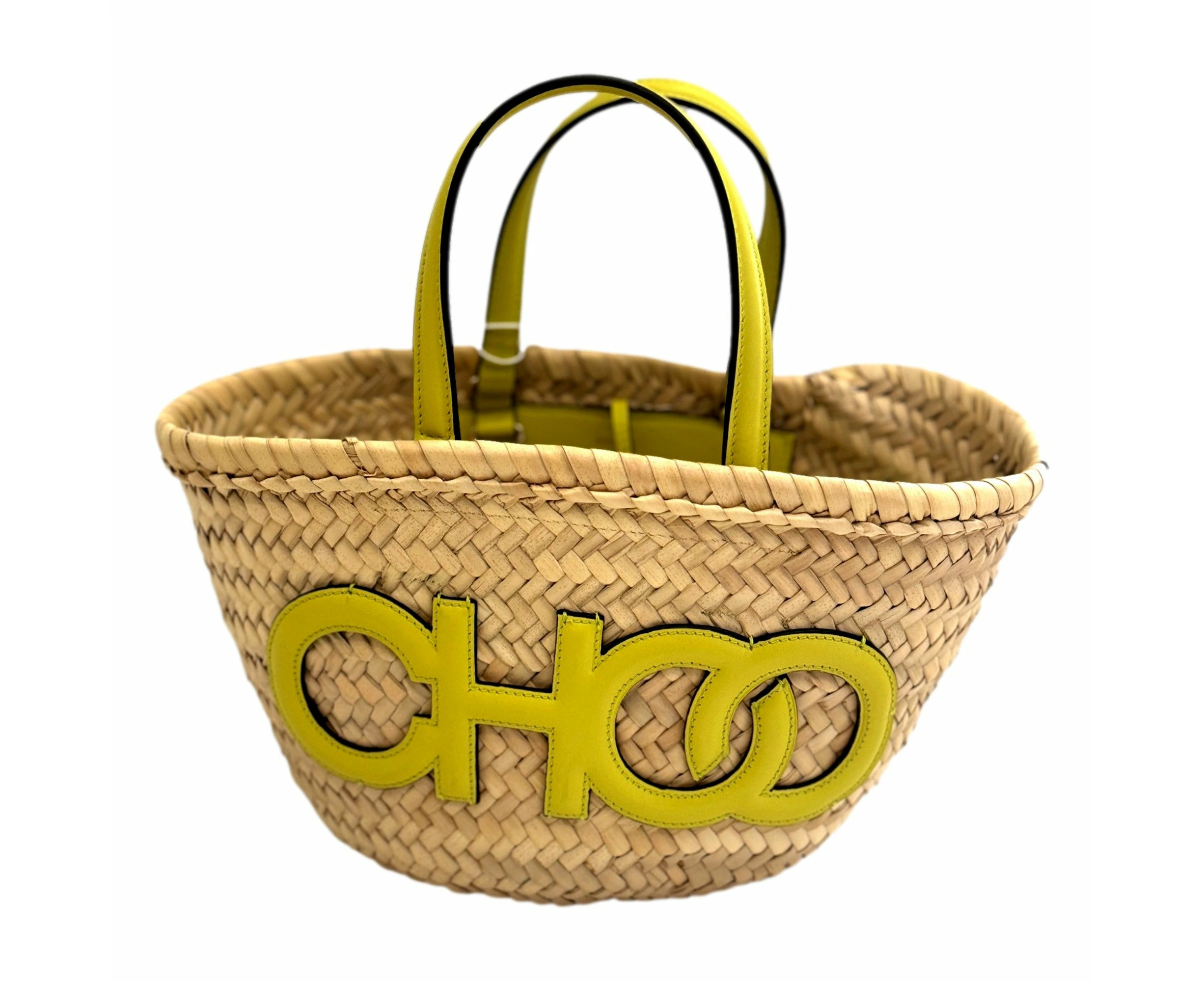 Jimmy Choo Logo Crossbody Tote Bag Natural Raffia Citron Yellow Trim