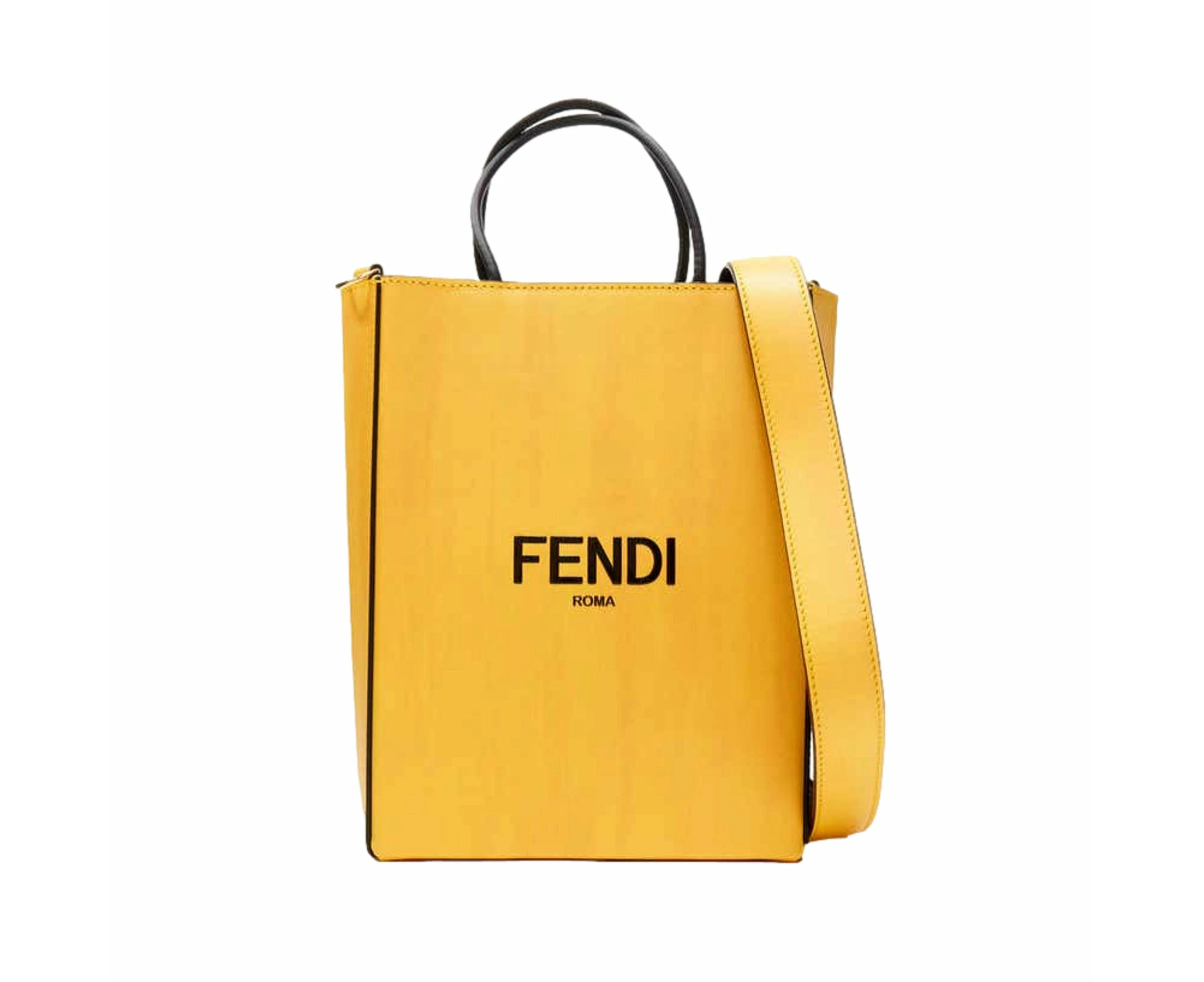 Fendi Roma 2Way Embossed Yellow Leather Crossbody Shopping Tote Bag