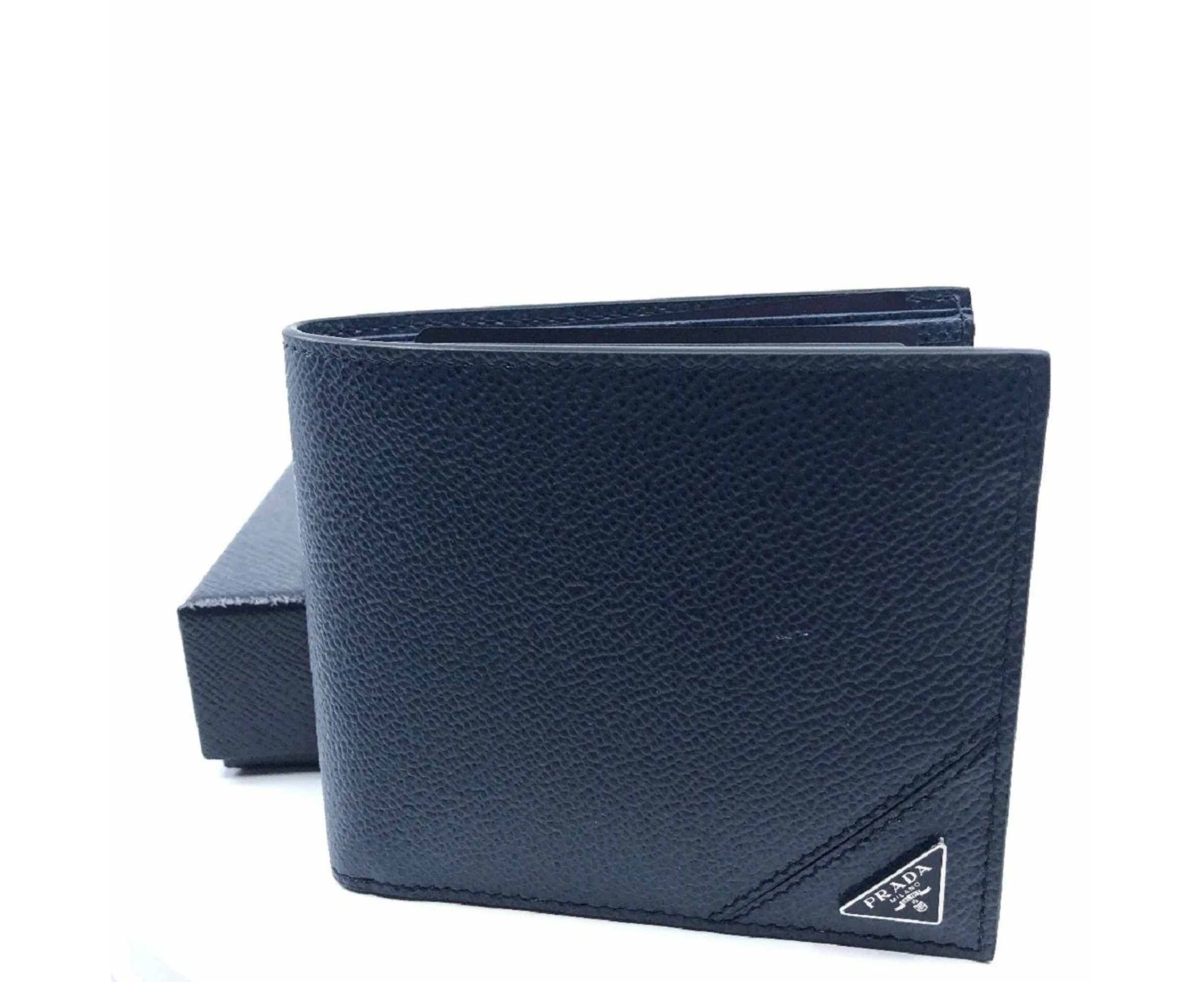 Prada Vitello Micro Grain Navy Blue Leather Triangle Logo Bifold Wallet