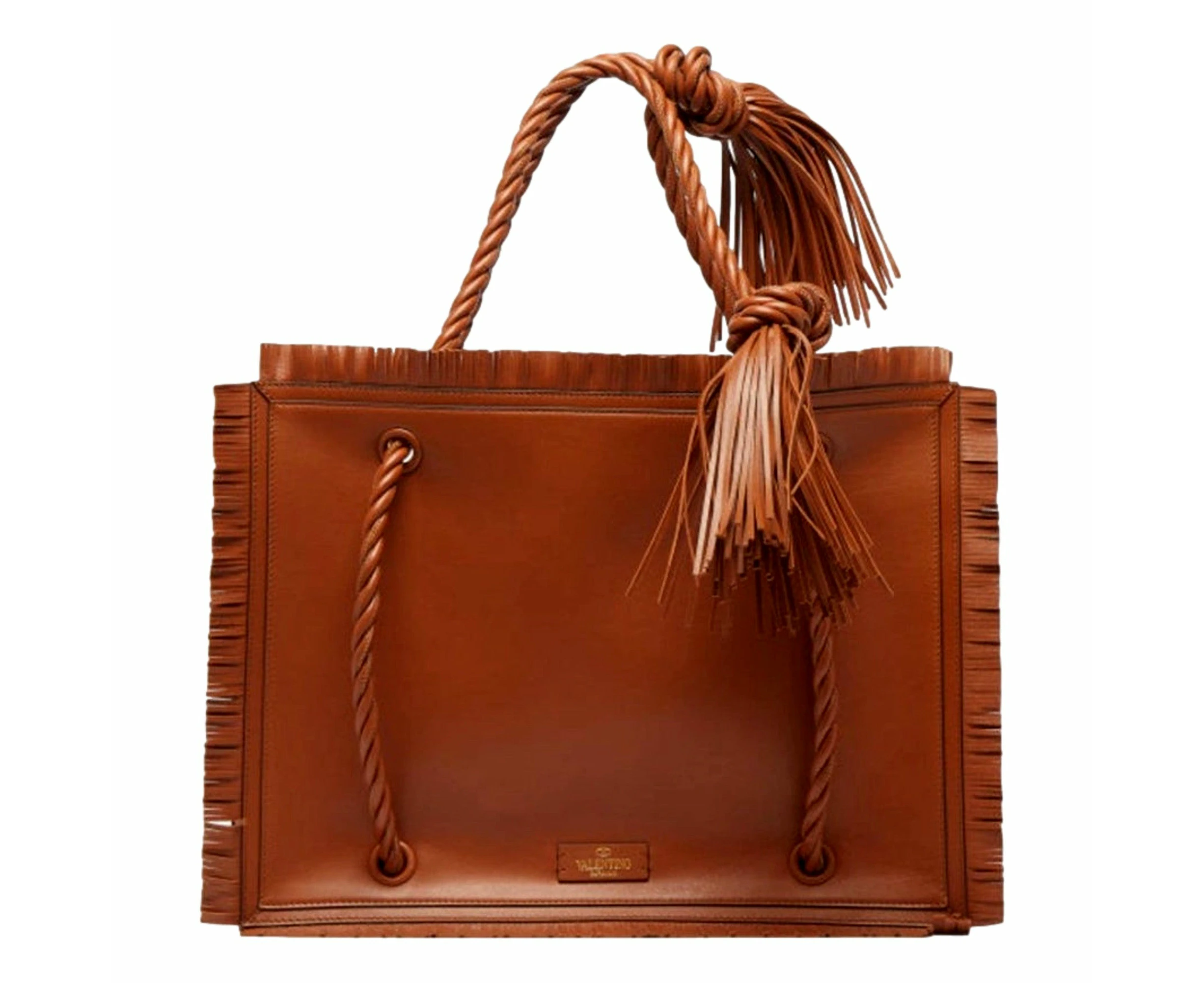 Valentino Garavani The Rope Large Fringe Brown Leather Tote Bag