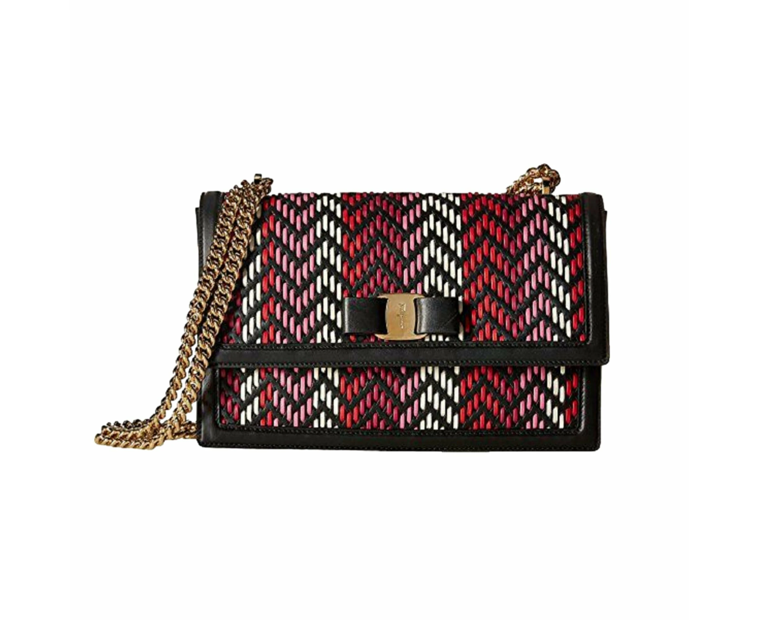 Ferragamo Ginny Multi Pink and Red Plaited Calf Leather Shoulder Bag