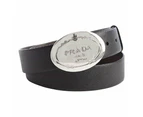 Prada Black Saffiano Leather Engraved Oval Plaque Buckle Belt 110/44