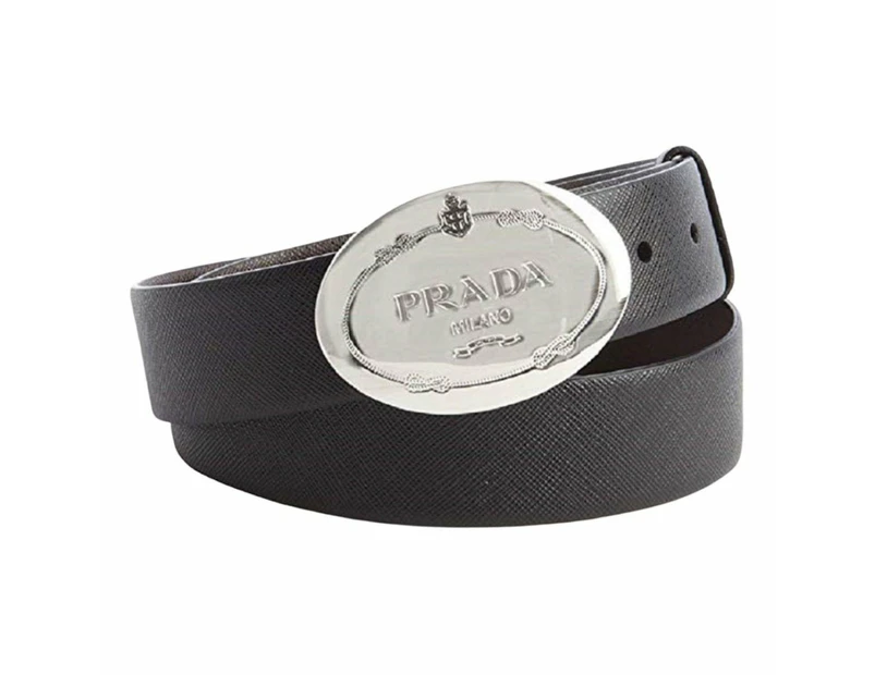 Prada Black Saffiano Leather Engraved Oval Plaque Buckle Belt 110/44