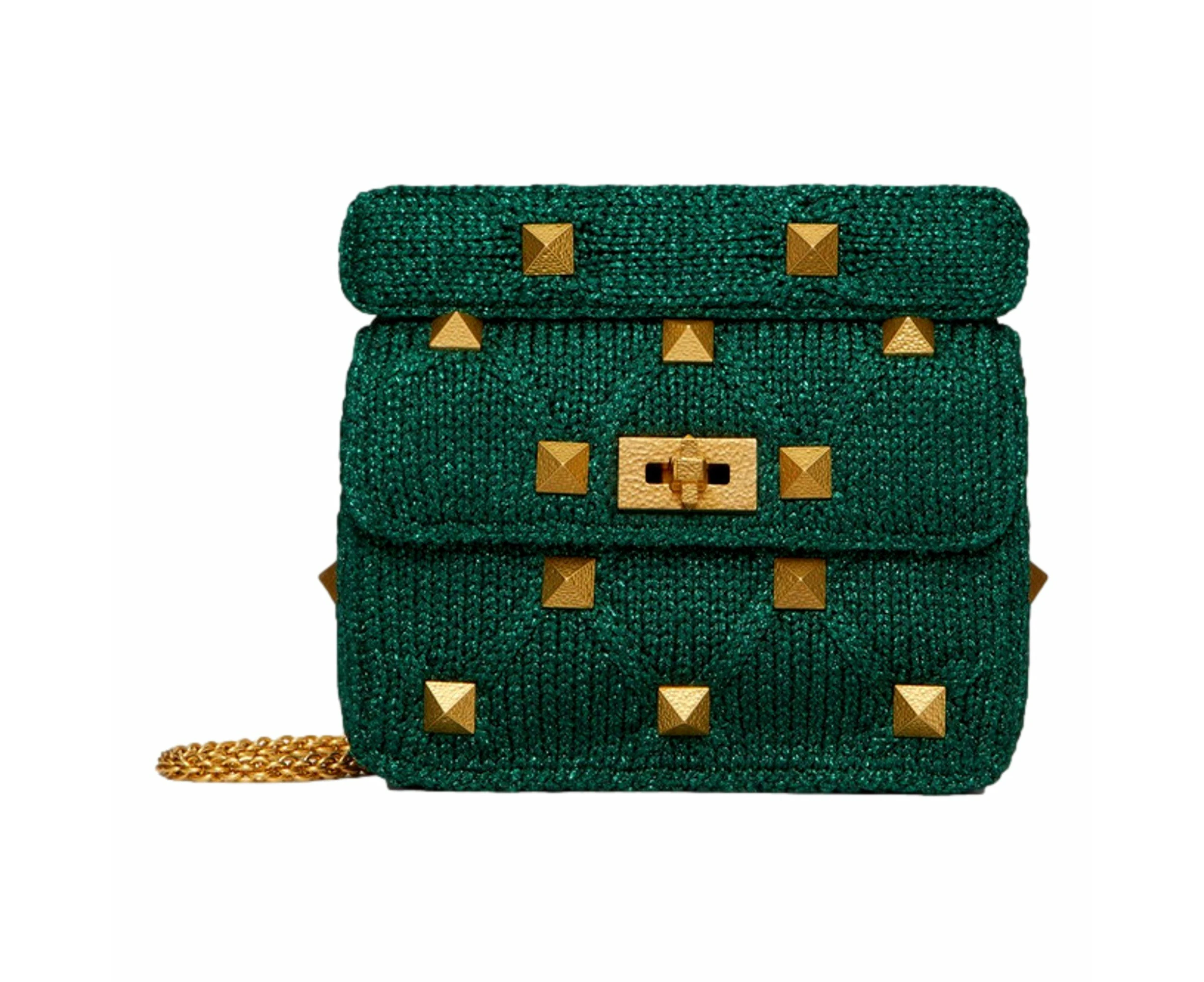 Valentino Garavani Roman Stud Medium Shoulder Bag Metallic Green Lurex