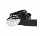 Prada Black Saffiano Leather Engraved Oval Plaque Buckle Belt 110/44