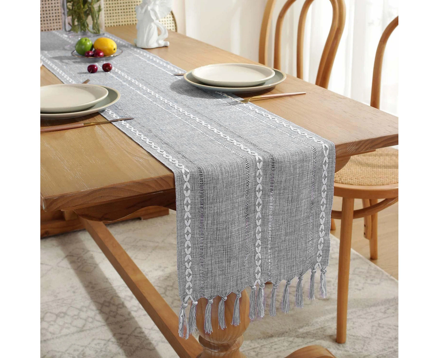 Rustic Doilies Farmhouse Rustic Style 13“ x 72”, Braided Striped Linen Cream Doilies with Tassels for Dining Room Kitchen Reading Dresser Déco