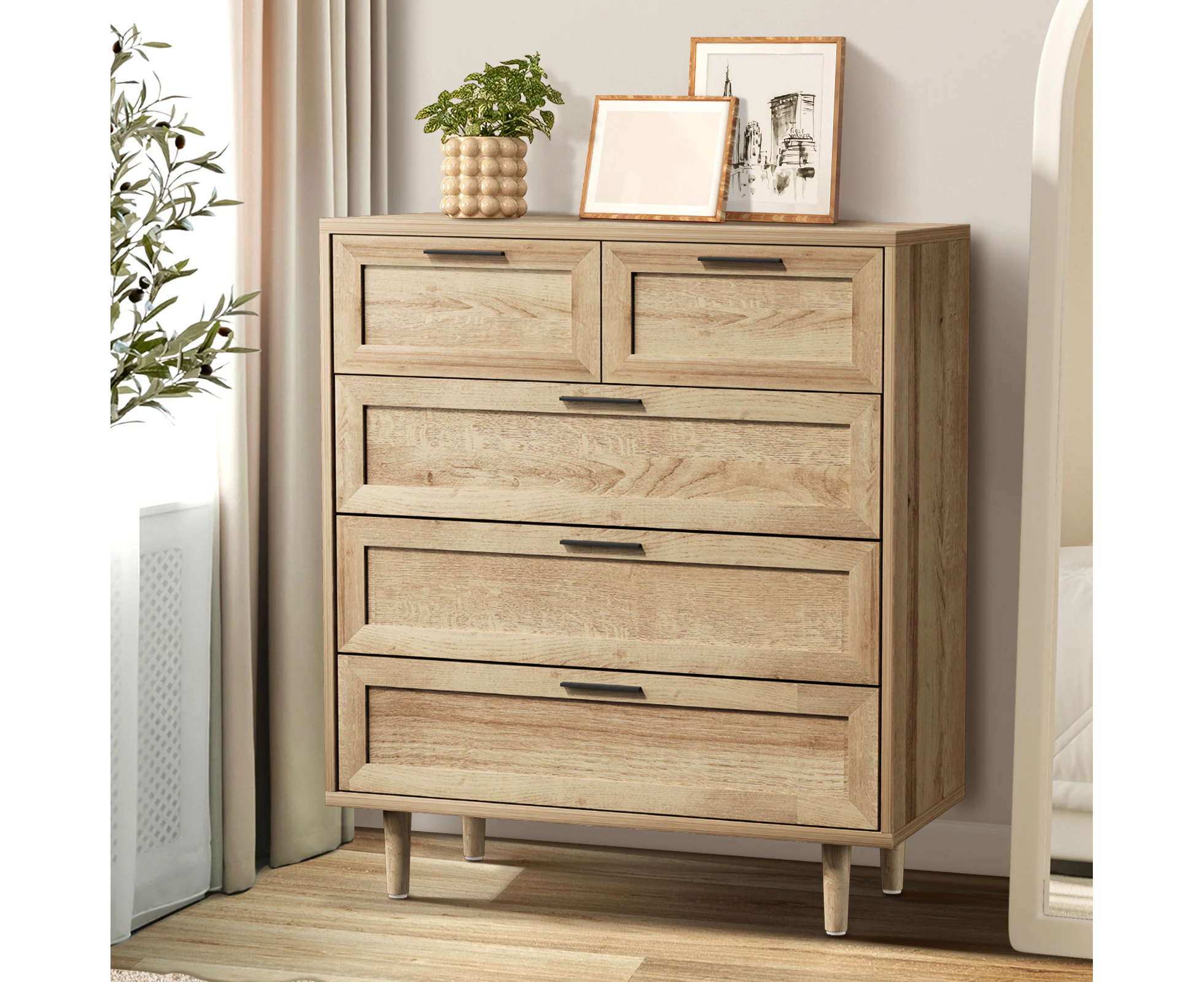 Oikiture 5 Chest of Drawers Dresser Chest Storage Cabinet Tallboy Natural