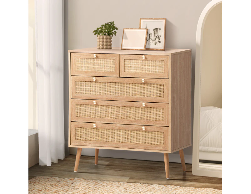 Oikiture 5 Chest of Drawers Dresser Chest Storage Cabinet Tallboy Rattan