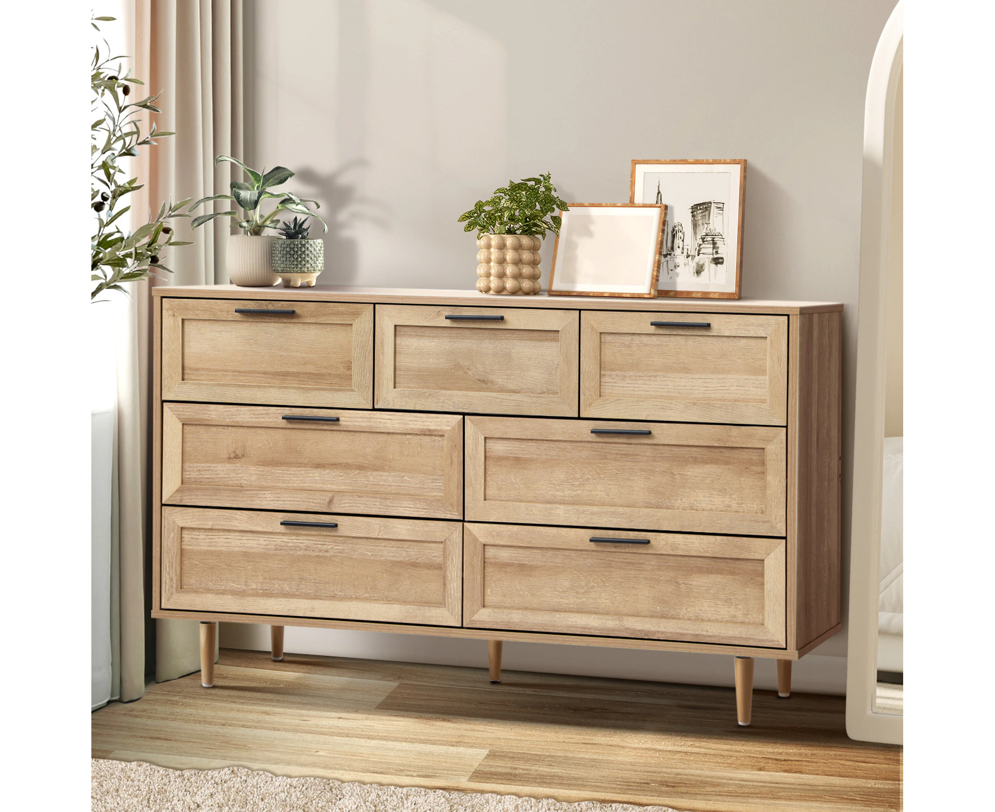 Oikiture 7 Chest of Drawers Dresser Chest Storage Cabinet Tallboy Natural