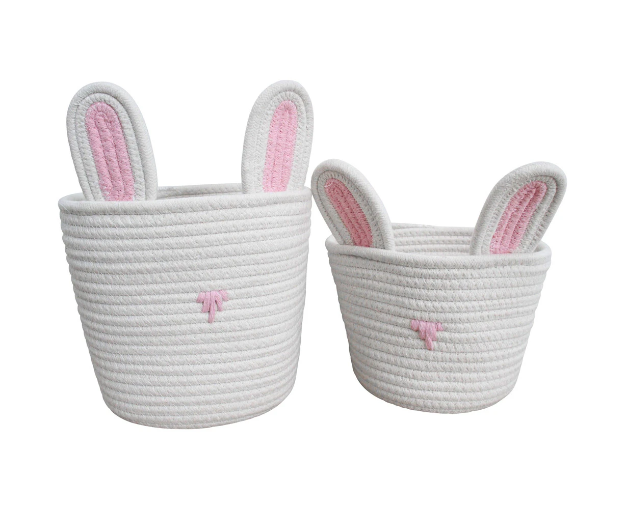 2pc LVD Cotton Storage Basket Bunnykins Nursery Room Decor 30/24cm WHT/Pink