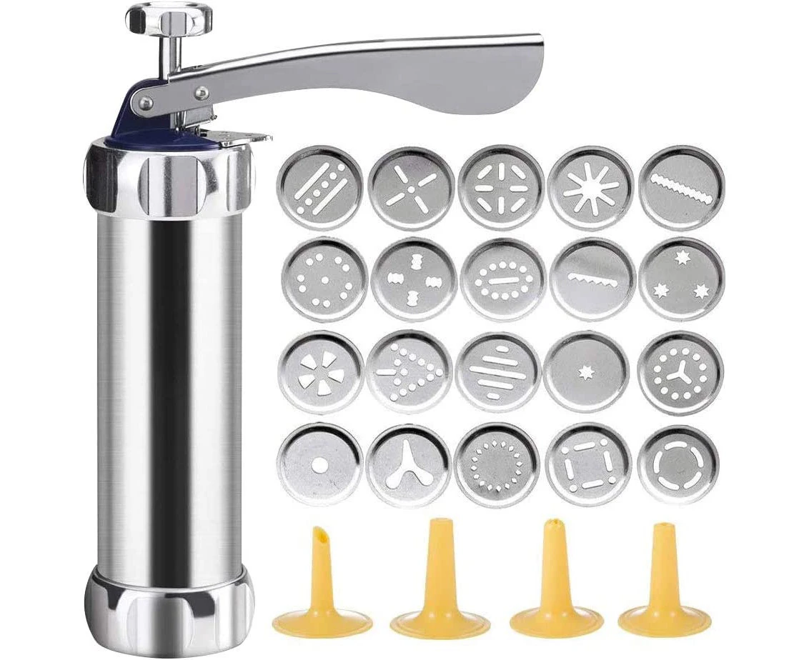 Pressed aluminum pressing set biscuit making pastry press with 20 tips and 4 thin dough spray heads stainless steel silver