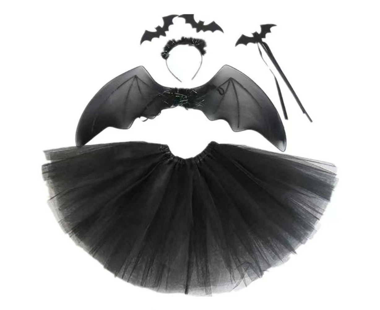 4Pcs Girls' Halloween Cosplay Set - Black Mesh Skirt with Bat Wing Headband and Wand for Party Props