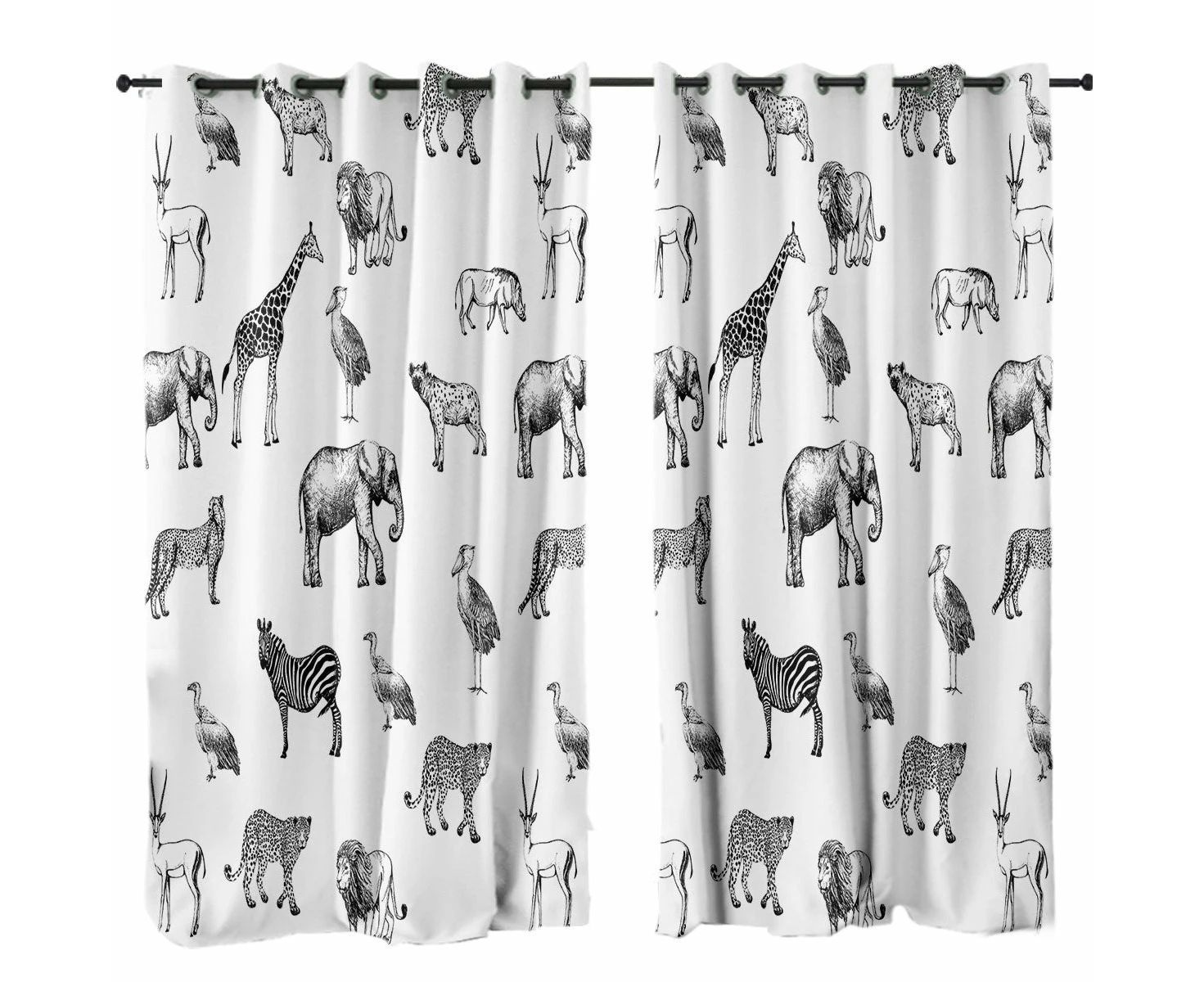 Black and White African Wildlife Animals Curtain - Single / Set of Two