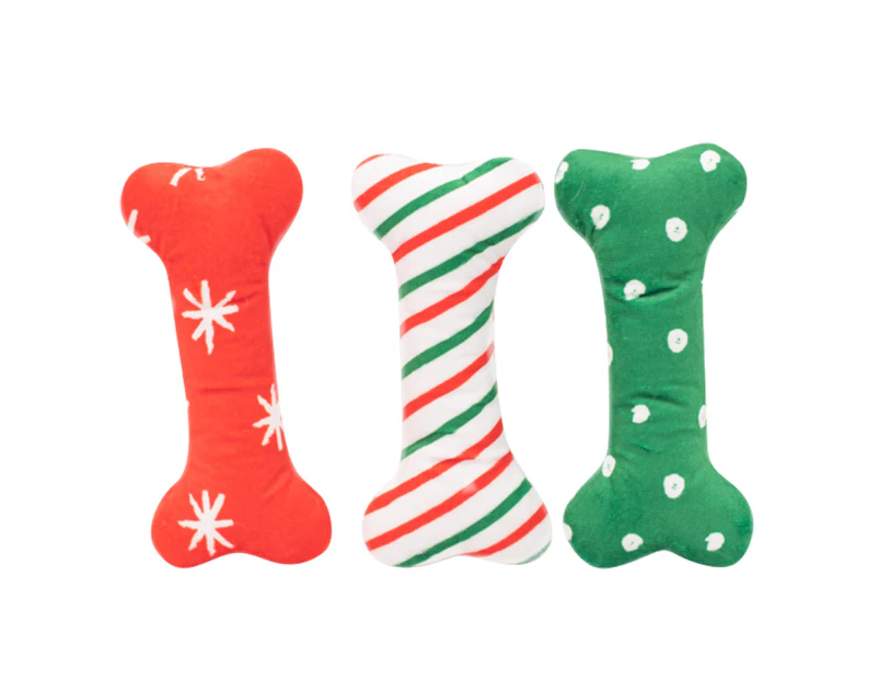 Zippy Paws Plush Squeaker Dog Toy - Christmas Holiday Patterned Bones - Regular 3 Pack