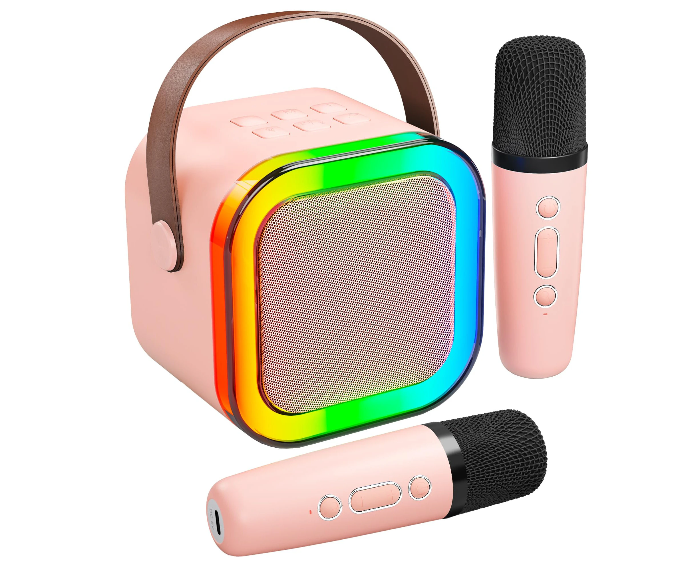 Karaoke Machine, Portable Bluetooth with 2 Mics, Light, Toys for Smartphones, Birthday, Party (Pink)