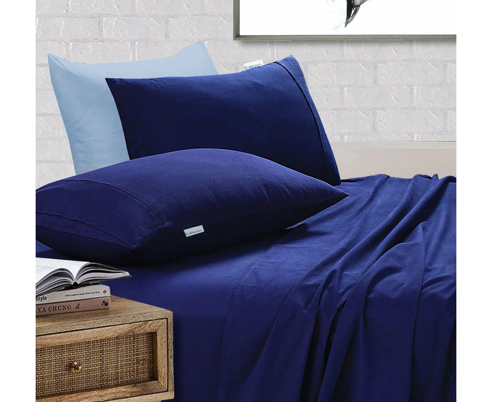 100% Egyptian Cotton Vintage Washed 500TC Navy Blue Double Bed Sheets Set