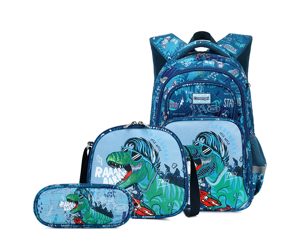 Personalized Kids Backpack Set With A Pencil Case And Insulate Lunch Bag-blue dinosaur