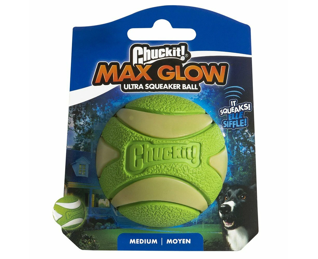 Chuckit Max Glow Ultra Squeaker Ball Interactive Dog Toy Medium 1 Pack 6cm