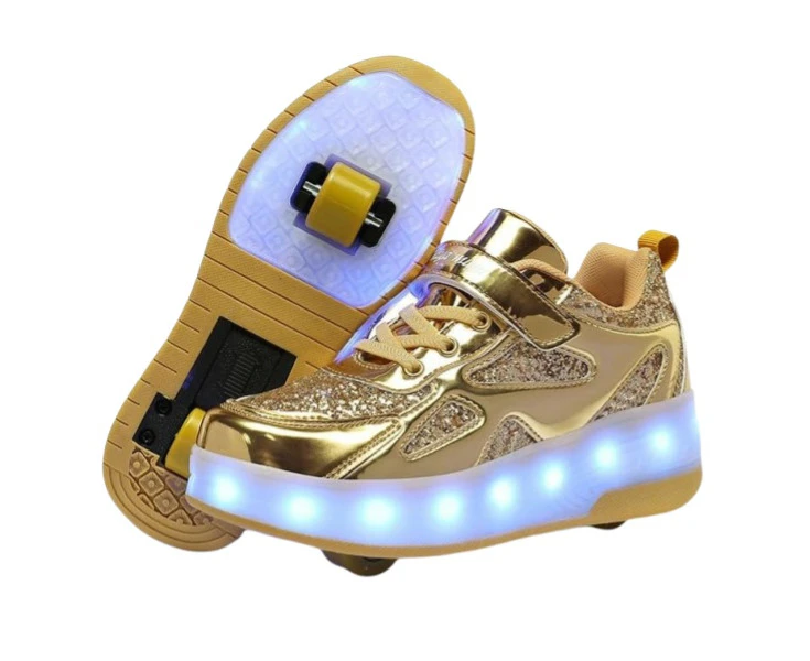 JOSHBERG-996-gold Kids Roller Shoes Boy Girl Sneakers with Wheels Become Sport Sneaker with Led for Christmas Birthday Children Show Gift