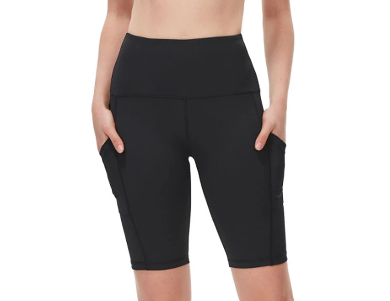 Women's Yoga Shorts with Pockets - High Waist Biker Running Compression Exercise - Black