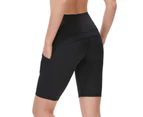 Women's Yoga Shorts with Pockets - High Waist Biker Running Compression Exercise - Black