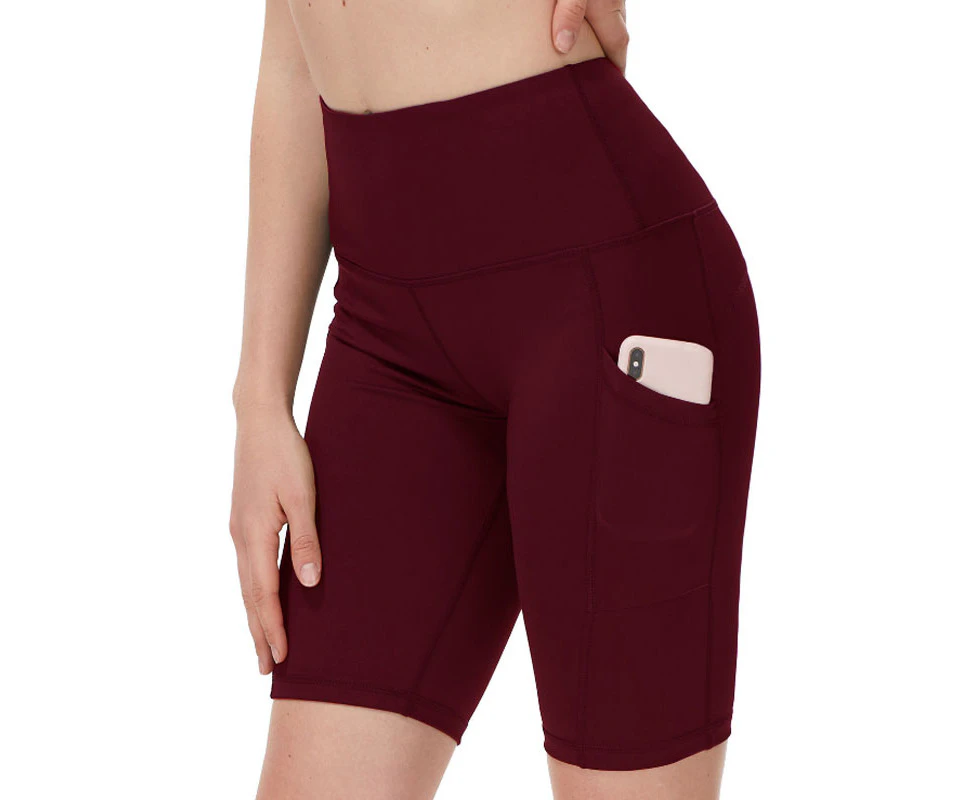 Women's Yoga Shorts with Pockets - High Waist Biker Running Compression Exercise - Wine Red