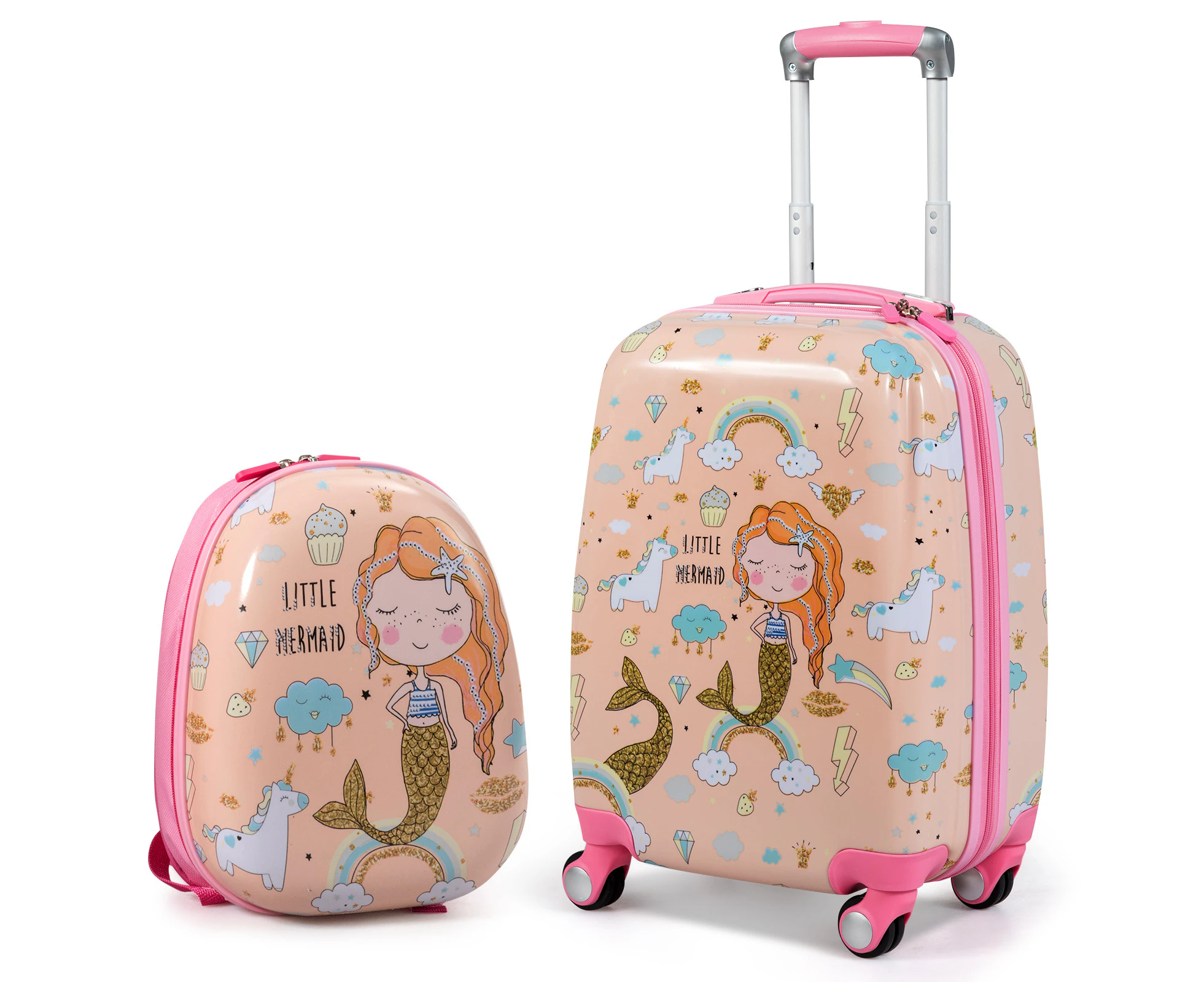 2PCS Kids Travel Luggage Set 18" Suitcase & 13" Backpack Set w/Astronaut Pattern Ideal Gift Pink