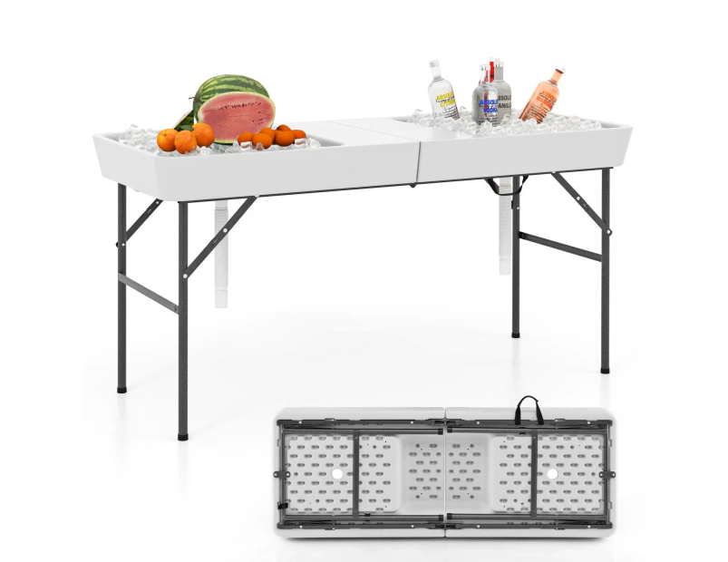 Costway Foldable Ice Table Chilling Table Portable Patio Ice Cooler Table w/Table Skirt & Drain Hose White