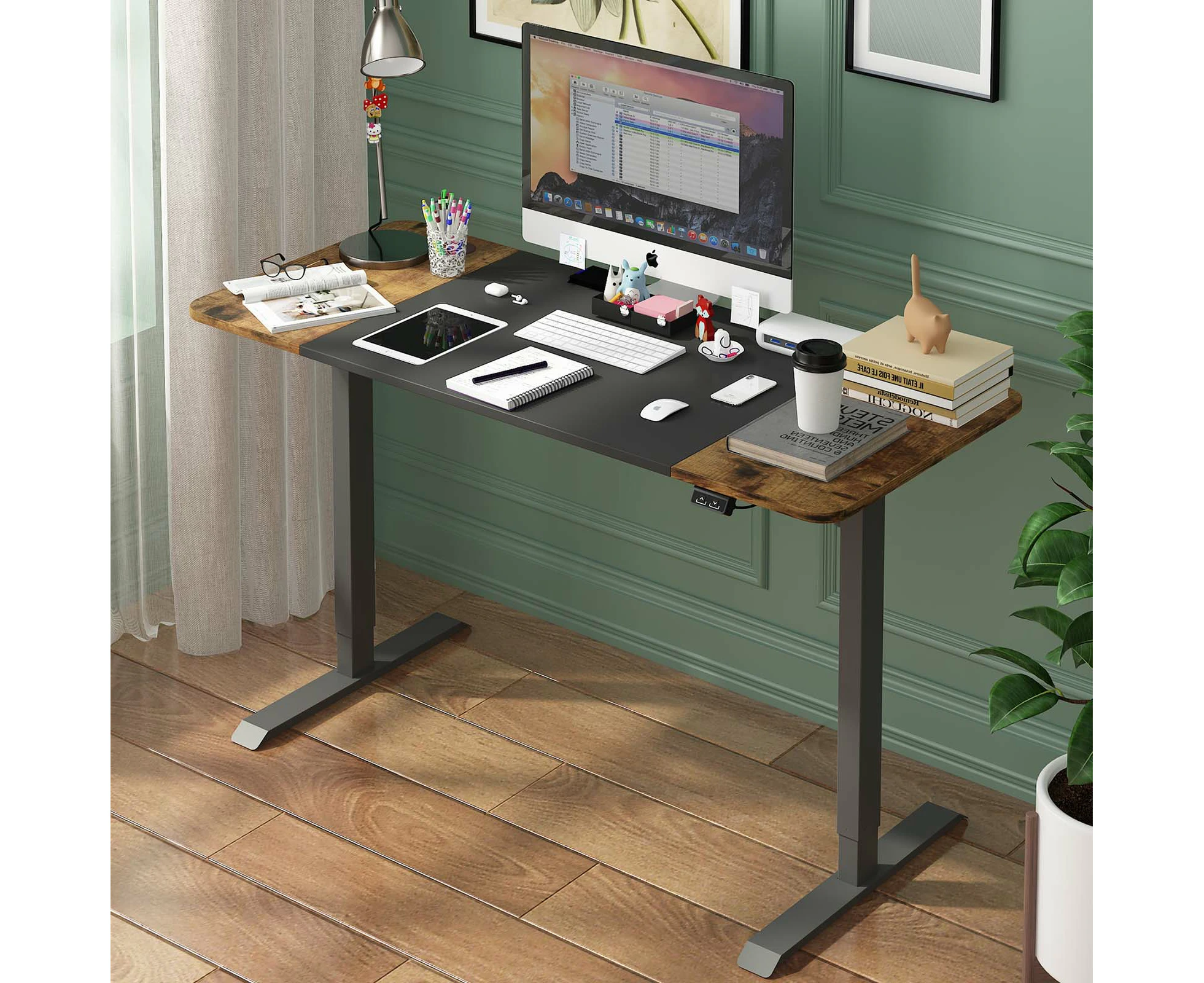 Ufurniture Electric Standing Desk Height Adjustable Motorised Sit Stand Desk 140cm Splice Board Home Office Workstation Black+Walnut Table Top+ Black Frame