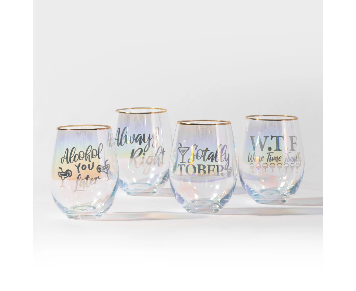 Refined Gifts Iridescent Stemless With Sayings Wine Glasses 4 Pack