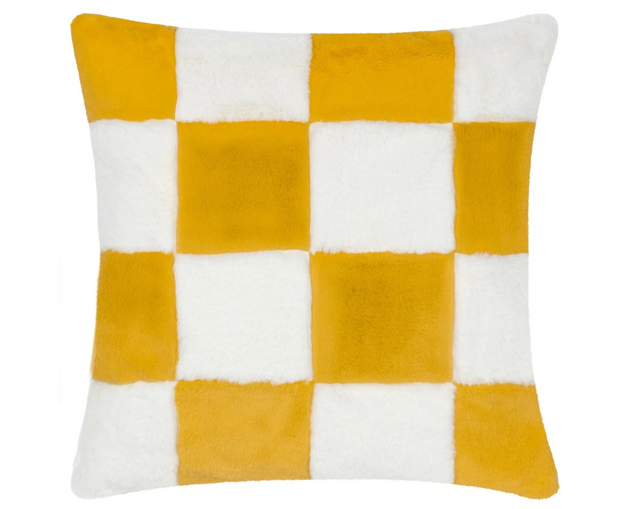 Heya Home Cozee Faux Fur Checked Cushion Cover (Yellow) - RV3468