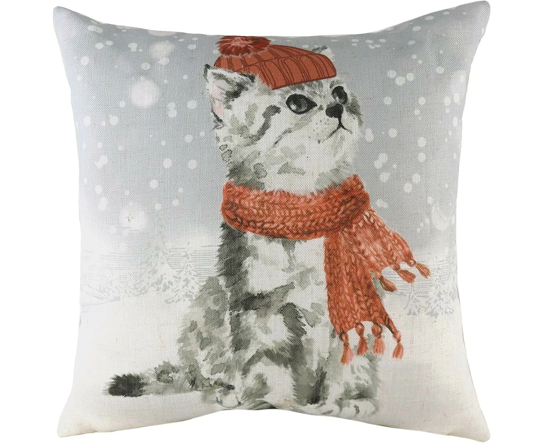 Evans Lichfield Snowy Cat Cushion Cover (Grey/Red) - RV2002