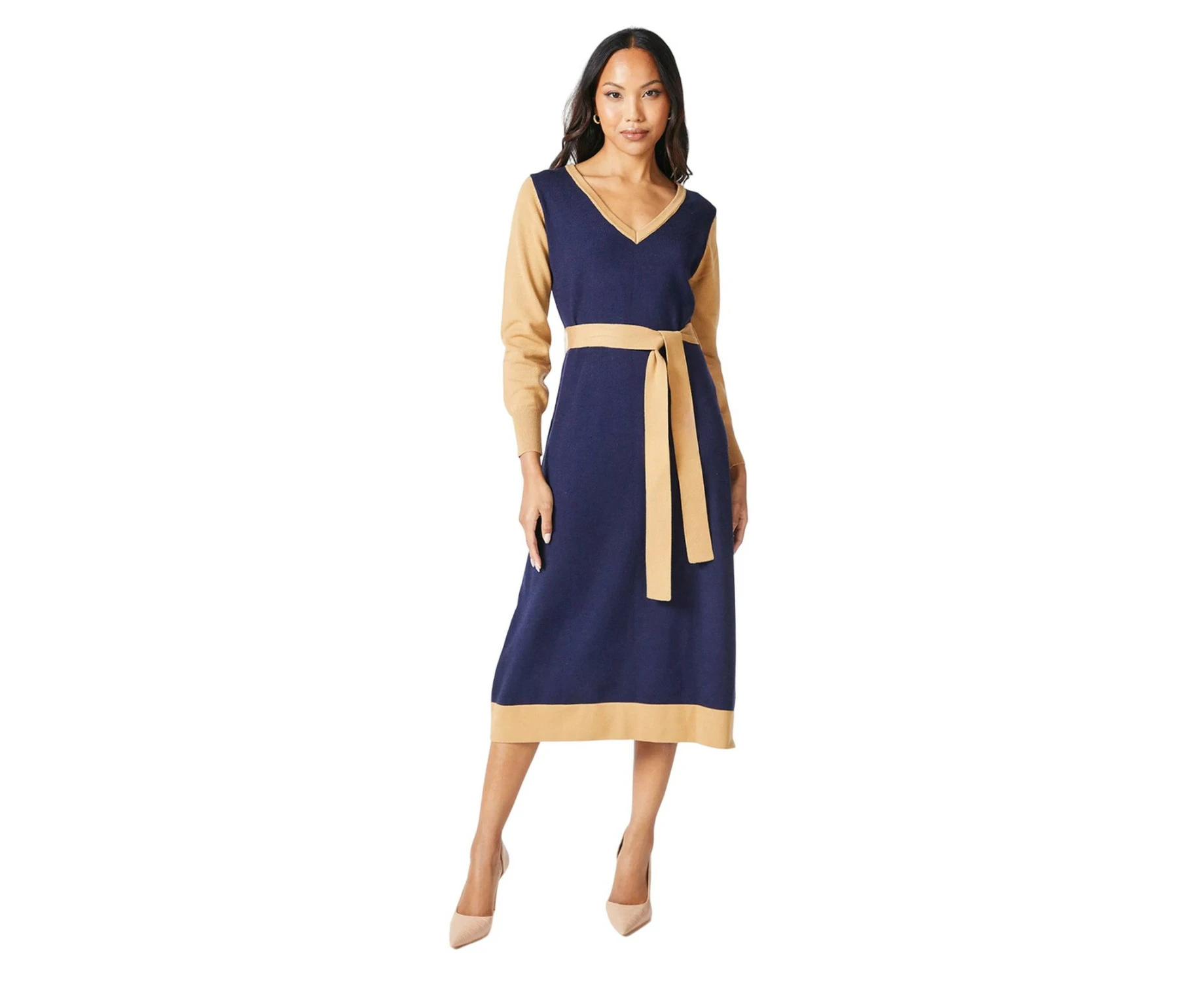 Principles Womens Tipped Knitted Belt Midi Dress (Navy) - DH7716