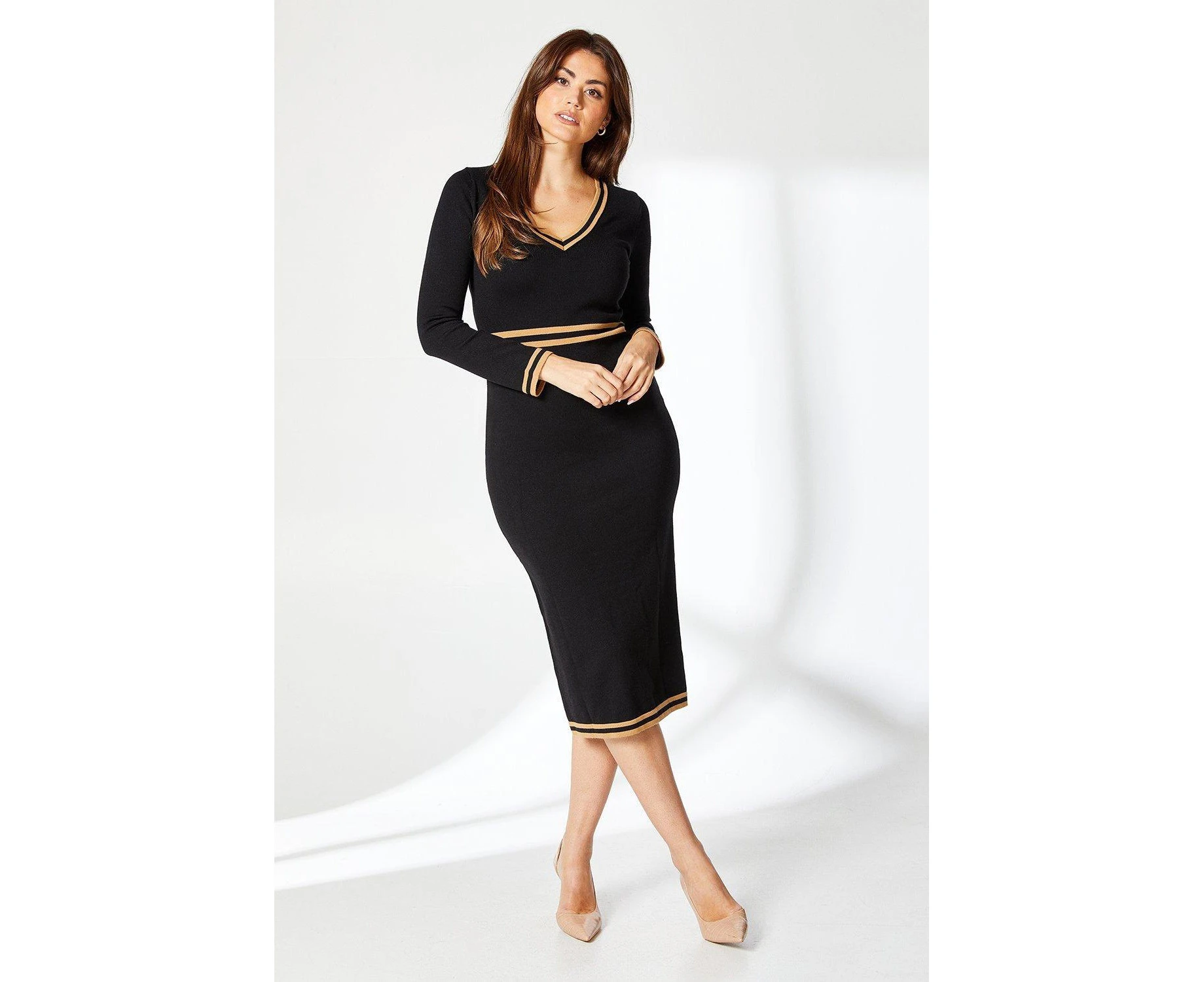 Principles Womens Knitted Tipped Midi Dress (Black) - DH7636