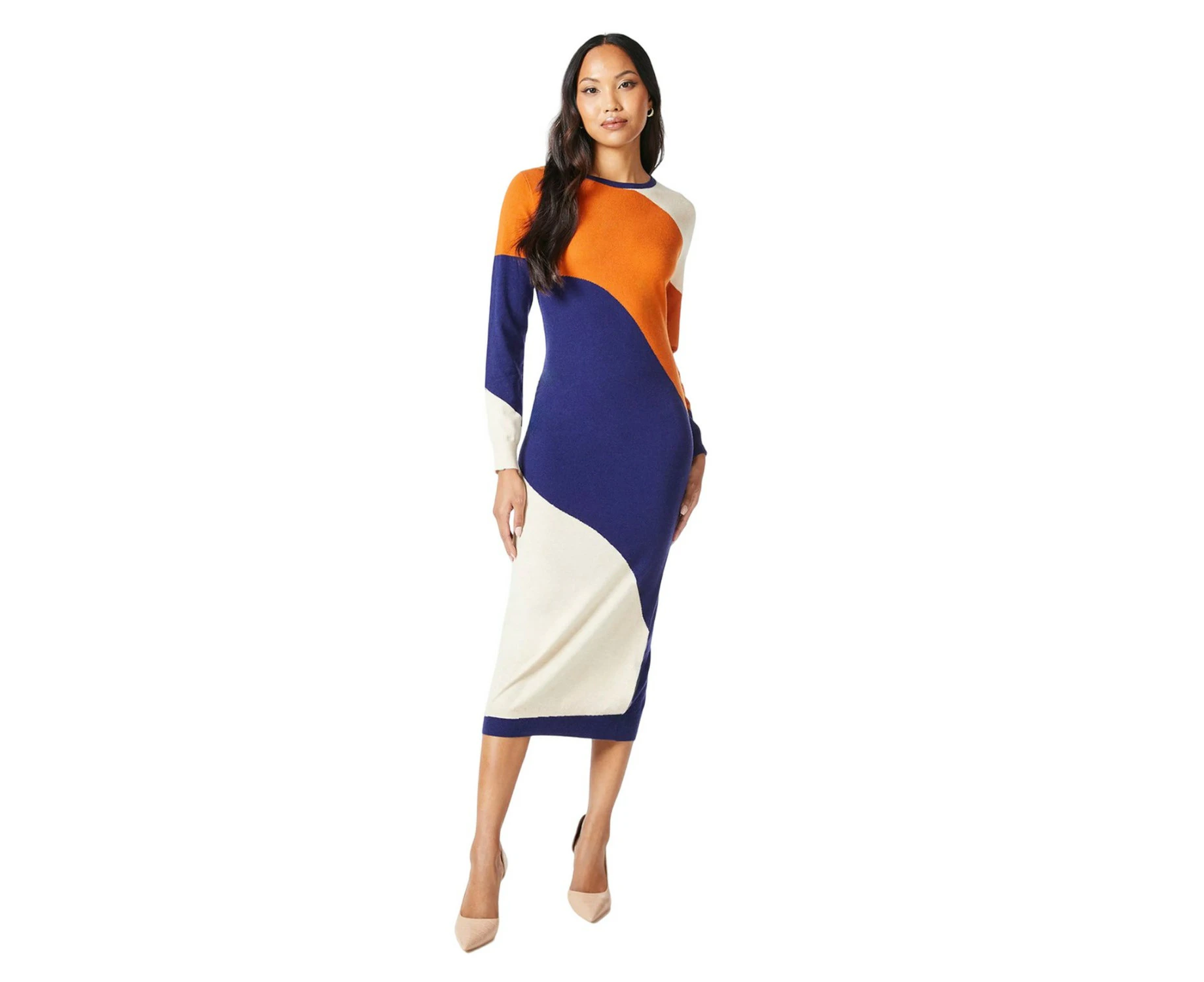 Principles Womens Colour Block Wave Knitted Midi Dress (Navy) - DH7681