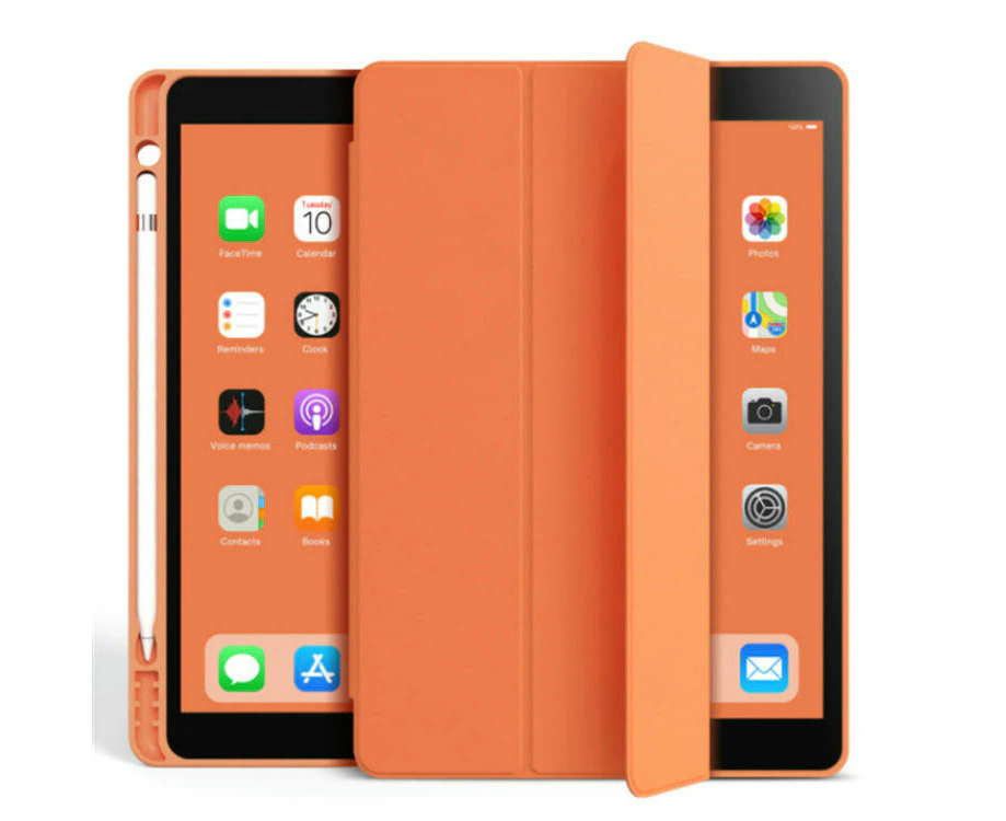 Case Cover Compatible with iPad Protective Tablet Cover with Pencil Holder, Trifold Stand-Orange