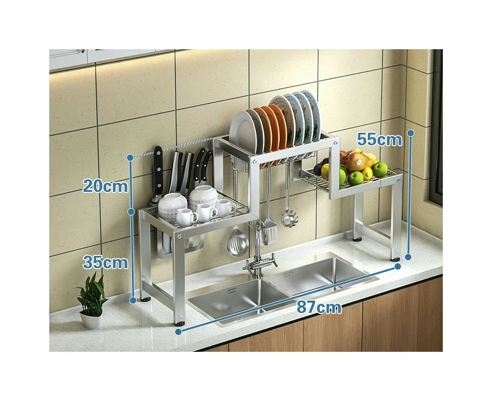 Over The Sink Dish Drying Rack Large Stainless Steel Kitchen Storage-Silver (Main frame+knife holder)