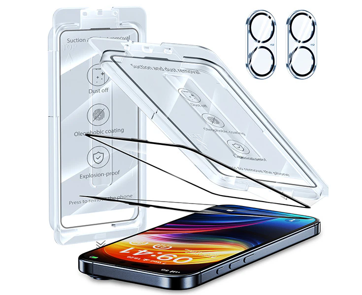 [2+2] ZUSLAB for Apple iPhone 16 Plus Screen Protector & Camera Lens Protector Protector Tempered Glass Flim with Installation Alignment Frame - Black