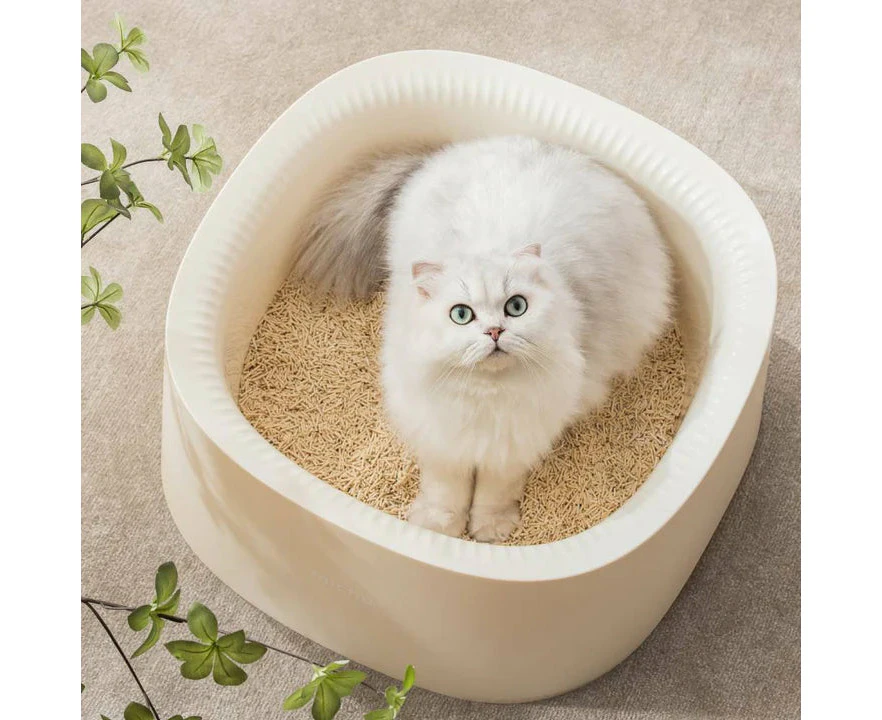 Michu Macaron High Edge Open Style Extra Large Cat Litter Box, Scoop Included - Daisy White