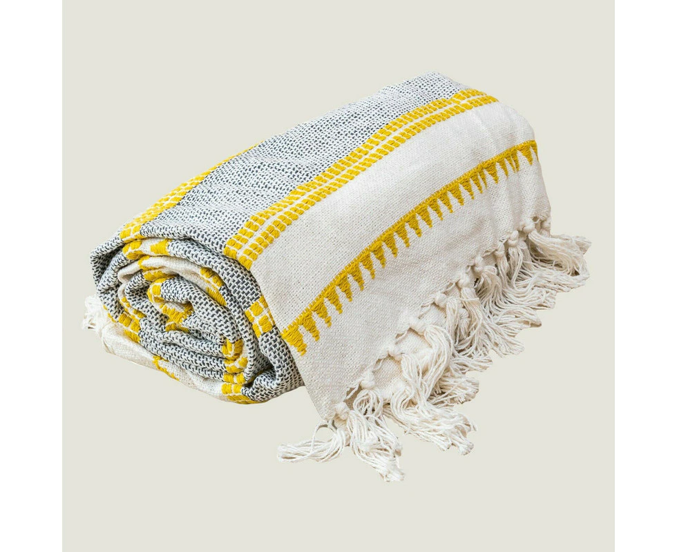 Woven Jacquard Tassel Natural Yellow Stripe Bed Sofa Throw 127 x 152 cm